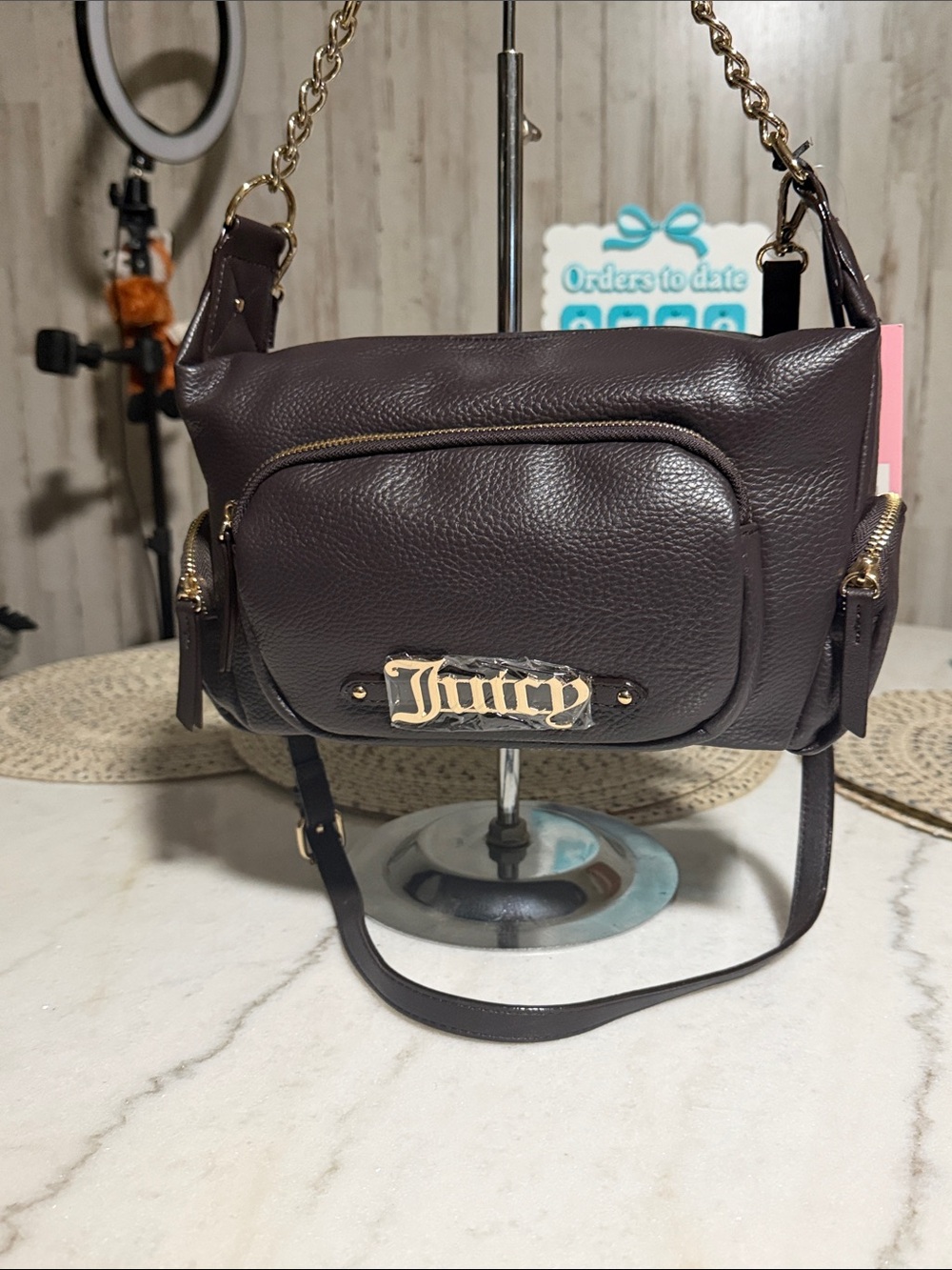 Juicy Couture Dark Brown Pebbled Leather Shoulder Bag with Gold Hardware